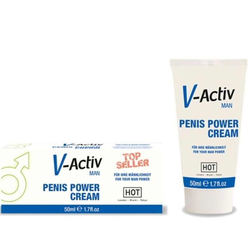 Creme-Tube und Schachtel. Aufschrift: V-Activ MAN, Penis Power Cream. TOP SELLER. HOT-Siegel. 50ml e 1.7 fl.oz.