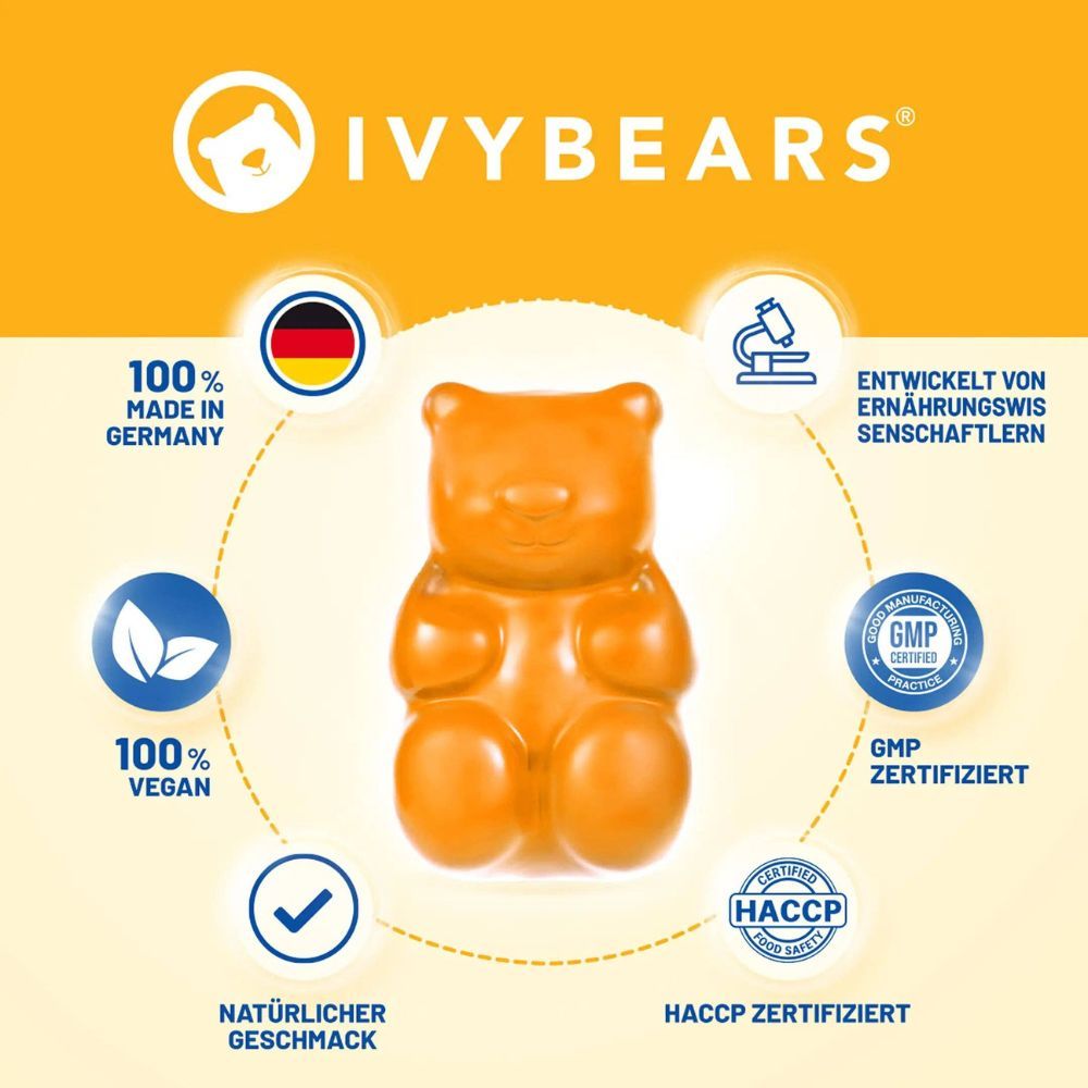 Orangefarbenes Gummibärchen, umgeben von Kreiselementen. Text: 100% vegan, natürlicher Geschmack, GMP-zertifiziert, HACCP-zertifiziert, entwickelt von Ernährungswissenschaftlern.