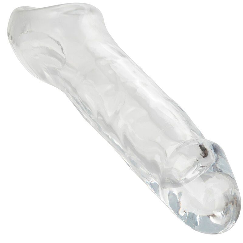 Transparente Penisverlängerung. Schräge Ansicht. Längliche Form mit abgerundeter Spitze und Öffnung am unteren Ende.