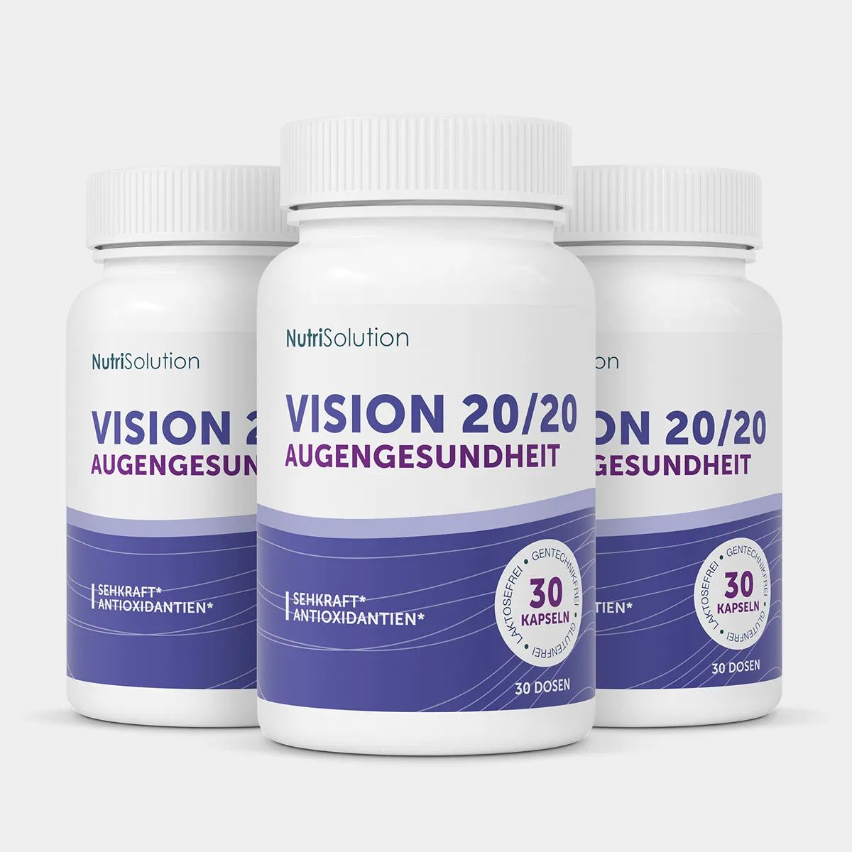 Drei Flaschen NutriSolution Vision 20/20 für Augengesundheit, jede mit 30 Kapseln.