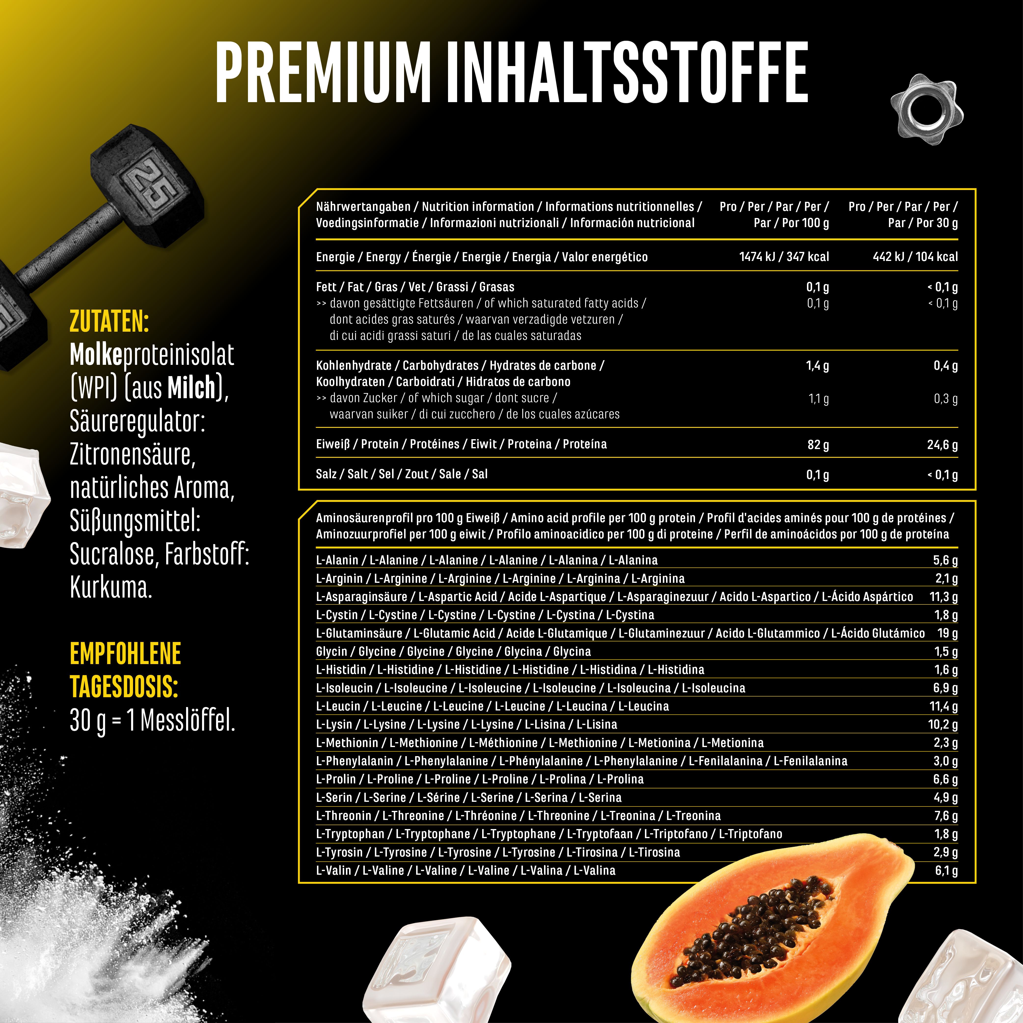 Nährwerttabelle und Zutatenliste für "CLEAR WHEY". Enthält Molkenproteinisolat, Aromen, Süßungsmittel. Aminosäurenprofil.