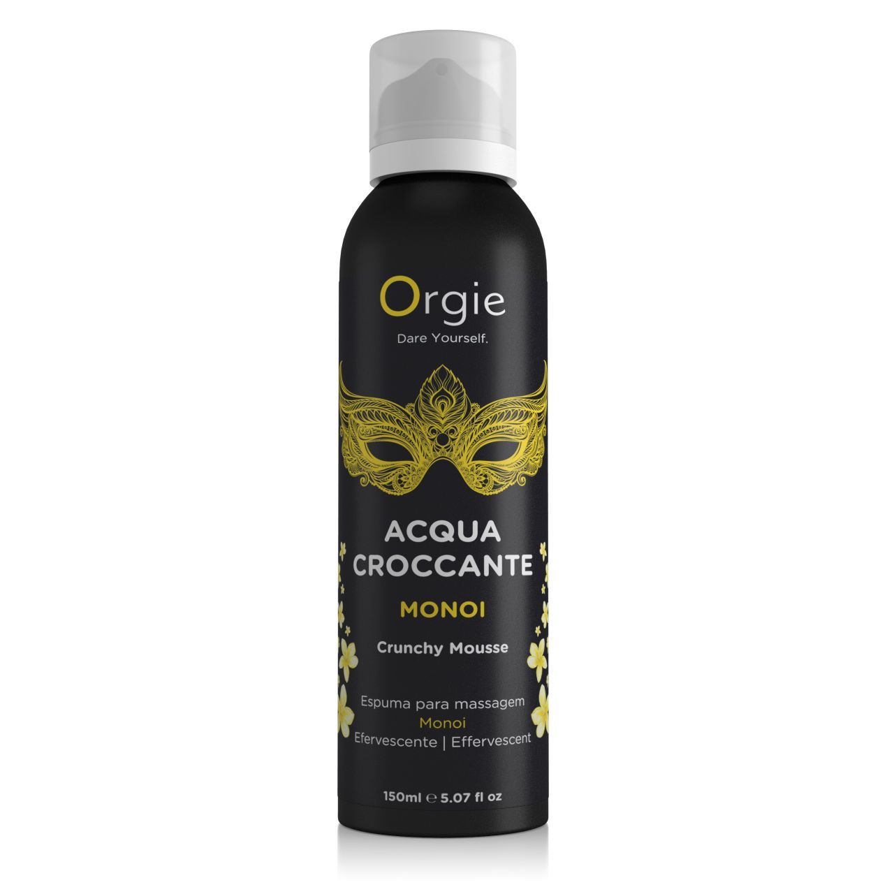 Schwarze Flasche mit weißem Sprühkopf. Aufschrift: Orgie, Acqua Croccante Monoi Crunchy Mousse. Goldenes Masken-Design.