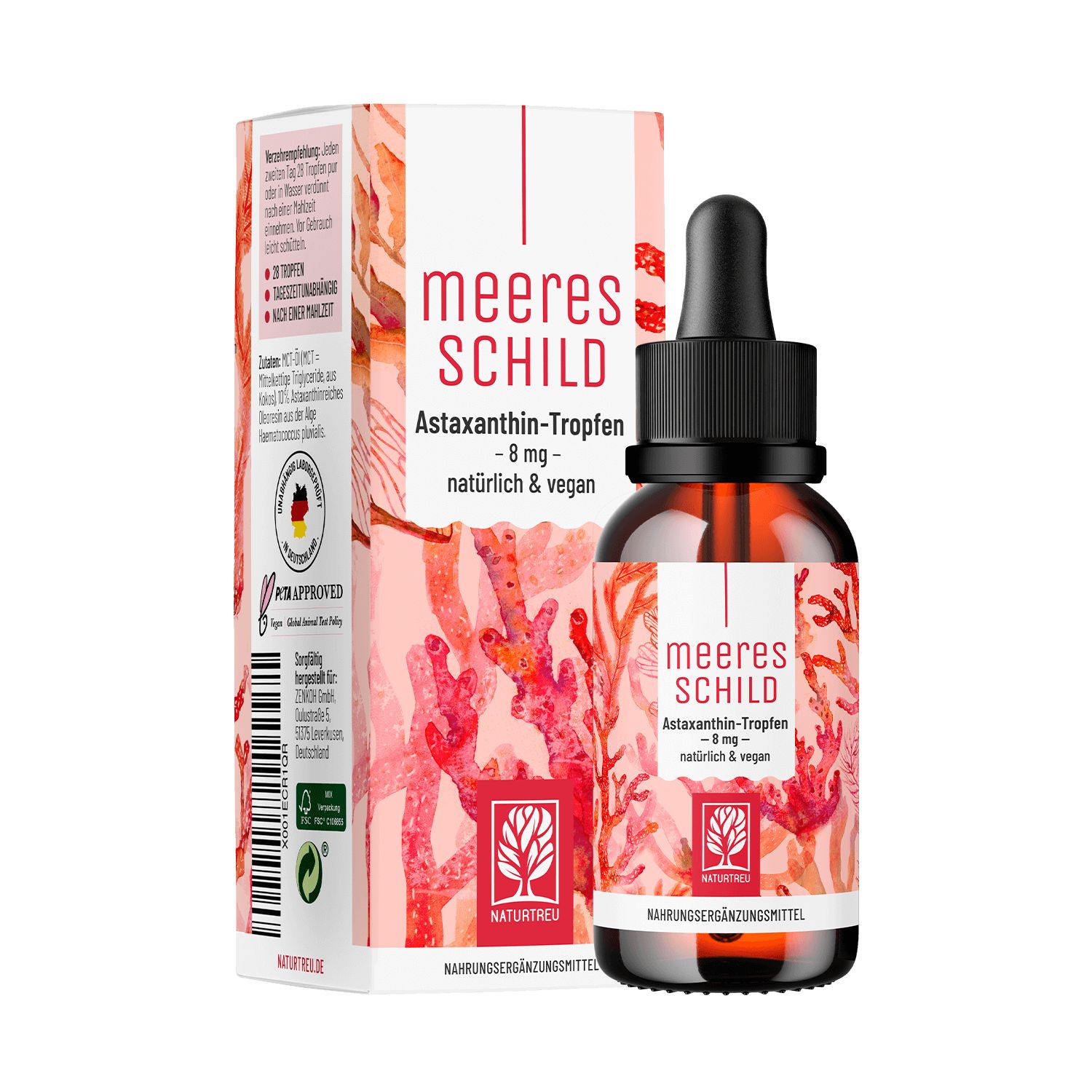 Braune Glasflasche mit Tropfer und Verpackung. Aufschrift: Meeres Schild, Astaxanthin-Tropfen, 8 mg, natürlich & vegan. Mit deutschem Qualitätssiegel.