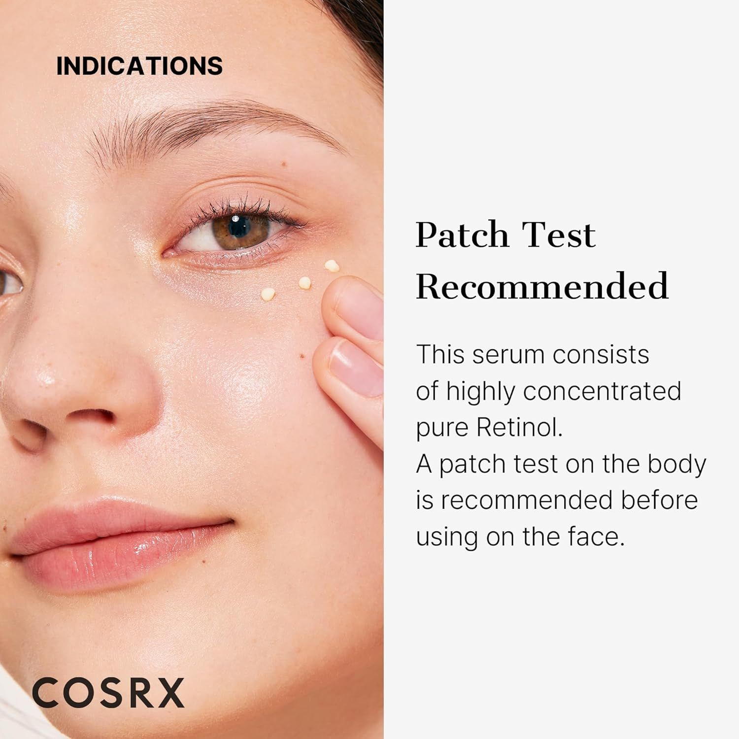 Nahaufnahme eines Gesichts, auf das Punkte der Creme aufgetragen werden. Text: 'Patch Test Recommended'.