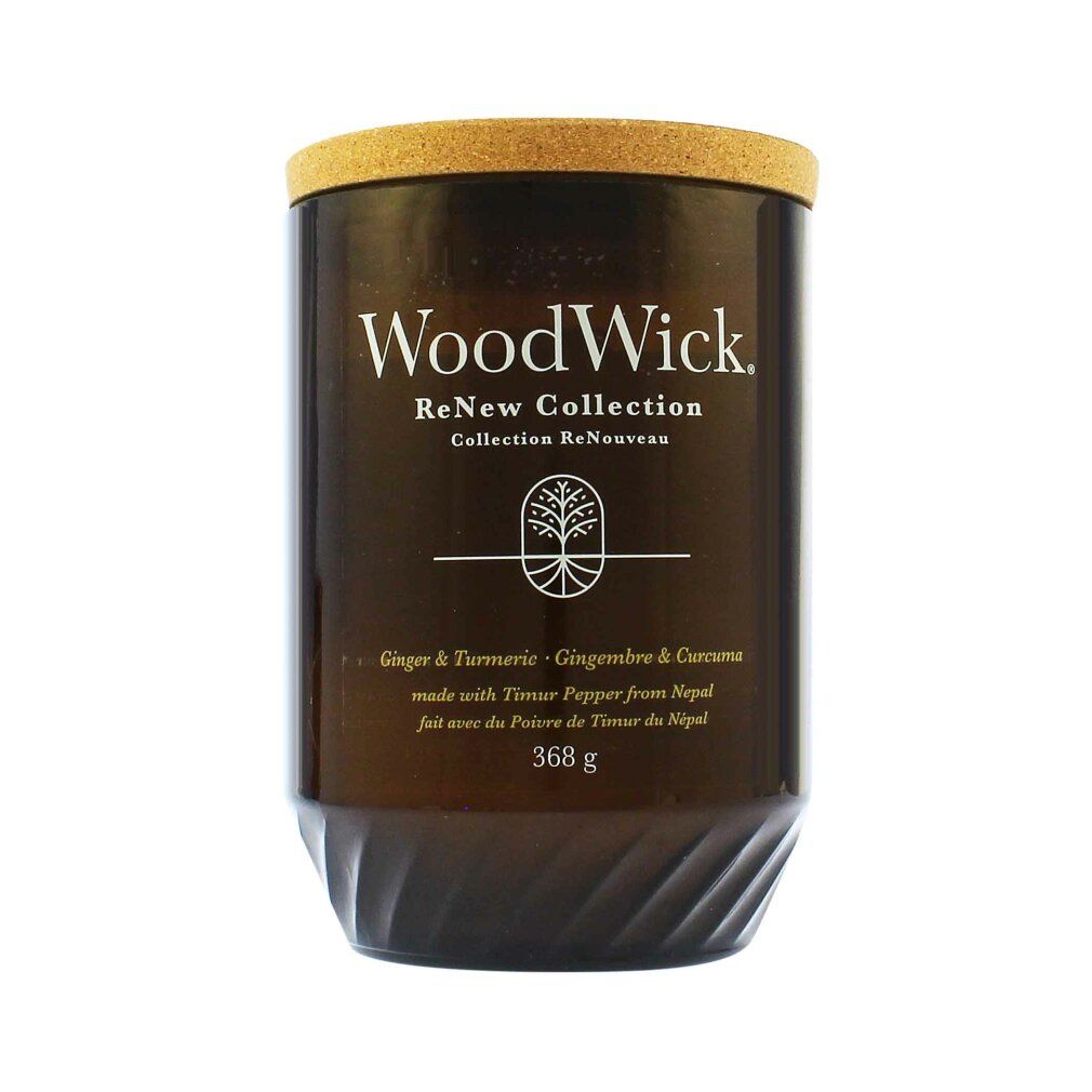 Braune Kerze mit Korkdeckel. Aufschrift: WoodWick ReNew Collection. Text: Ginger & Turmeric. Gewicht: 368 g.