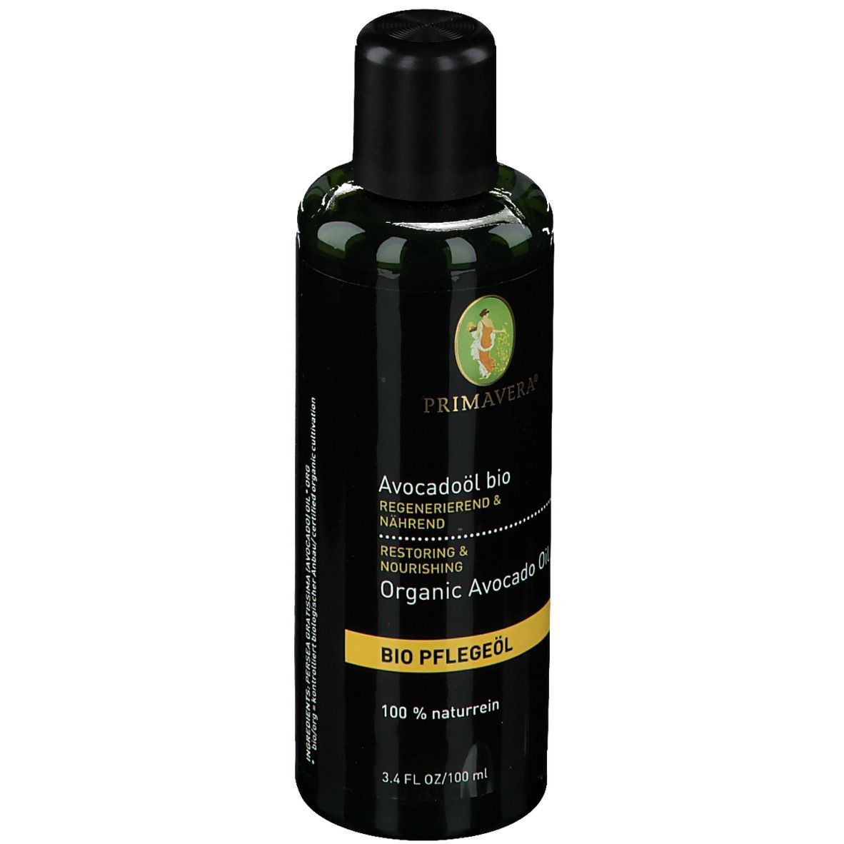 PRIMAVERA® Avocadoöl BIO Flasche. Schwarzer Deckel, gelbes Etikett mit Text. 100% naturrein.