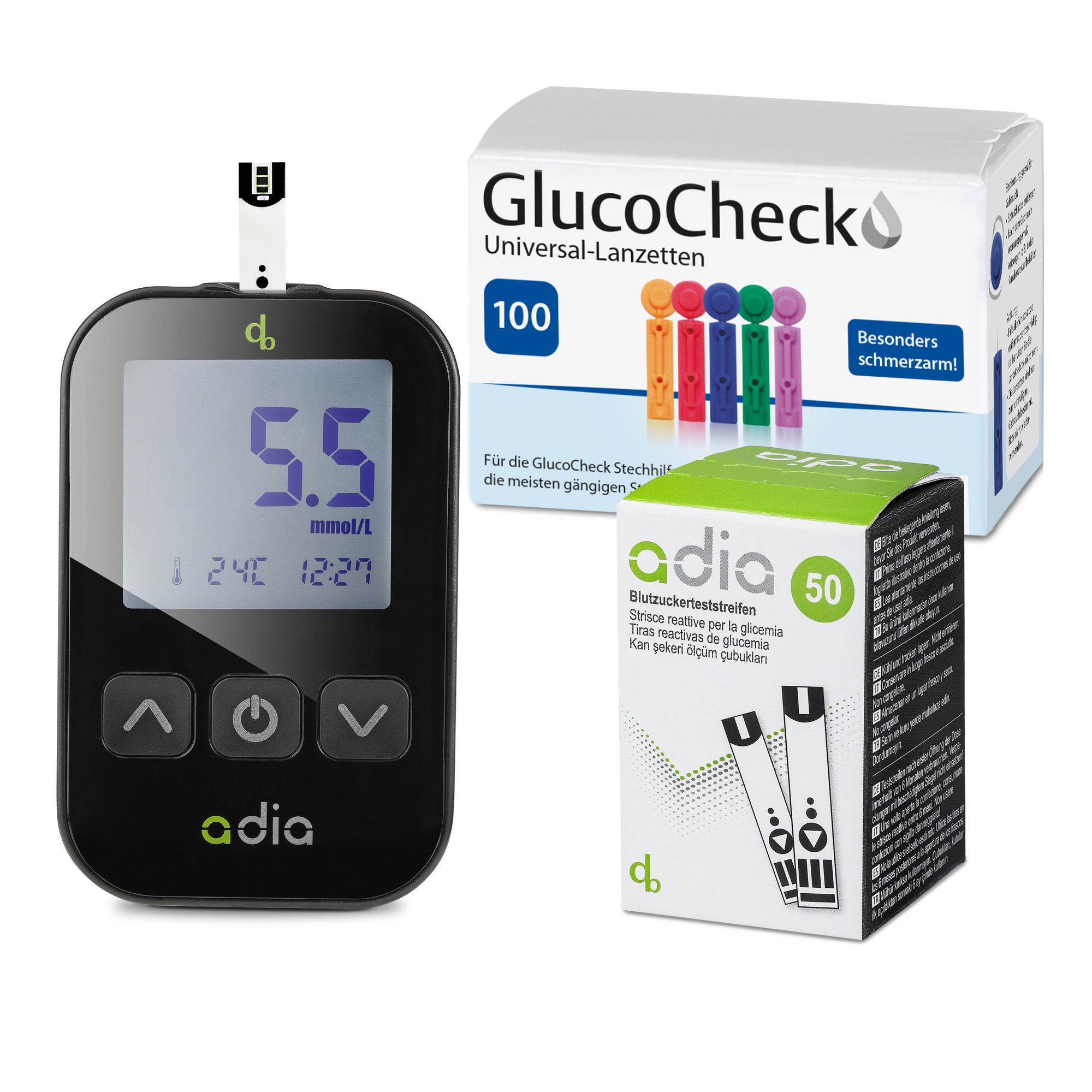 adia Blutzuckerteststreifen (60 Stück) mit Messgerät (mmol/L) und 110 Lanzetten als Komplett-Set