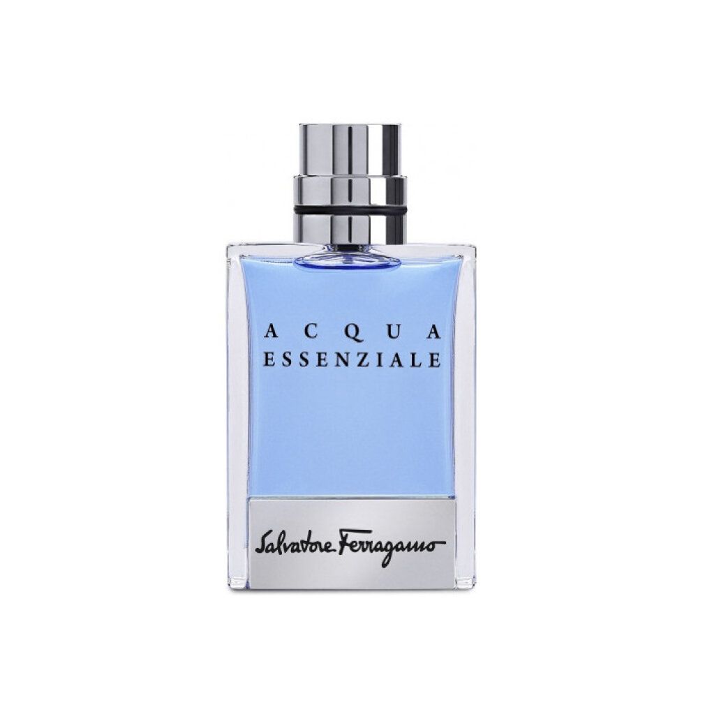 Hellblaues Eau de Toilette in quadratischem Flakon mit silbernem Verschluss. Aufschrift: Acqua Essenziale, Salvatore Ferragamo.