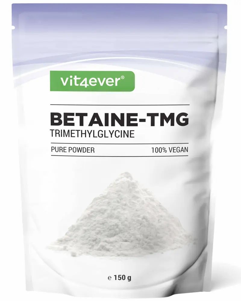 Beutel mit Betaine-TMG Pulver. Marke: vit4ever. Text: Pure Powder, 100% Vegan. Unten: 150 g.