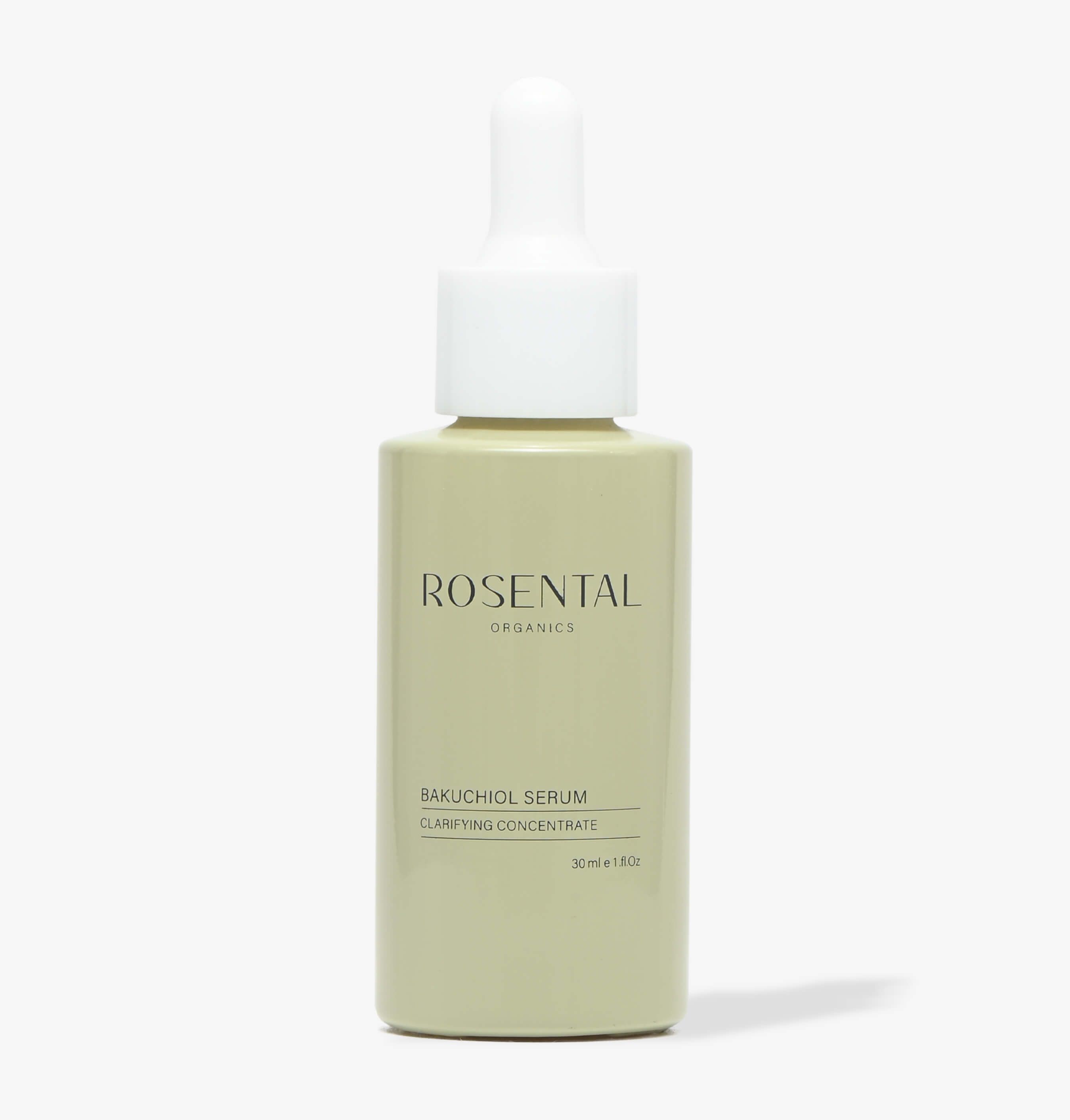 Grüne Flasche mit weißem Deckel. Auf der Flasche steht "Rosental Organics Bakuchiol Serum".