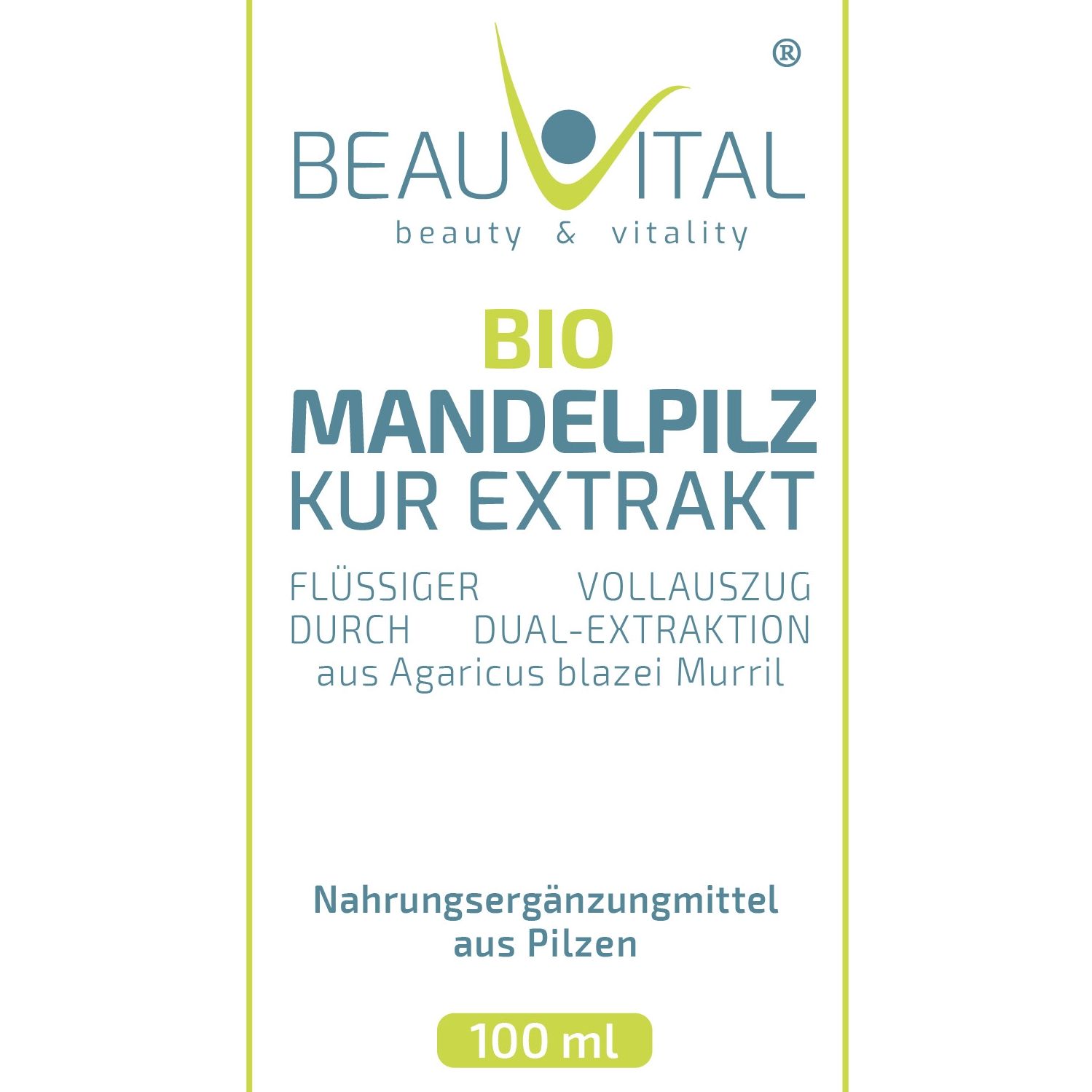 Etikett mit dem Produktnamen 'BIO MANDELPILZ KUR EXTRAKT' und der Angabe '100 ml'.