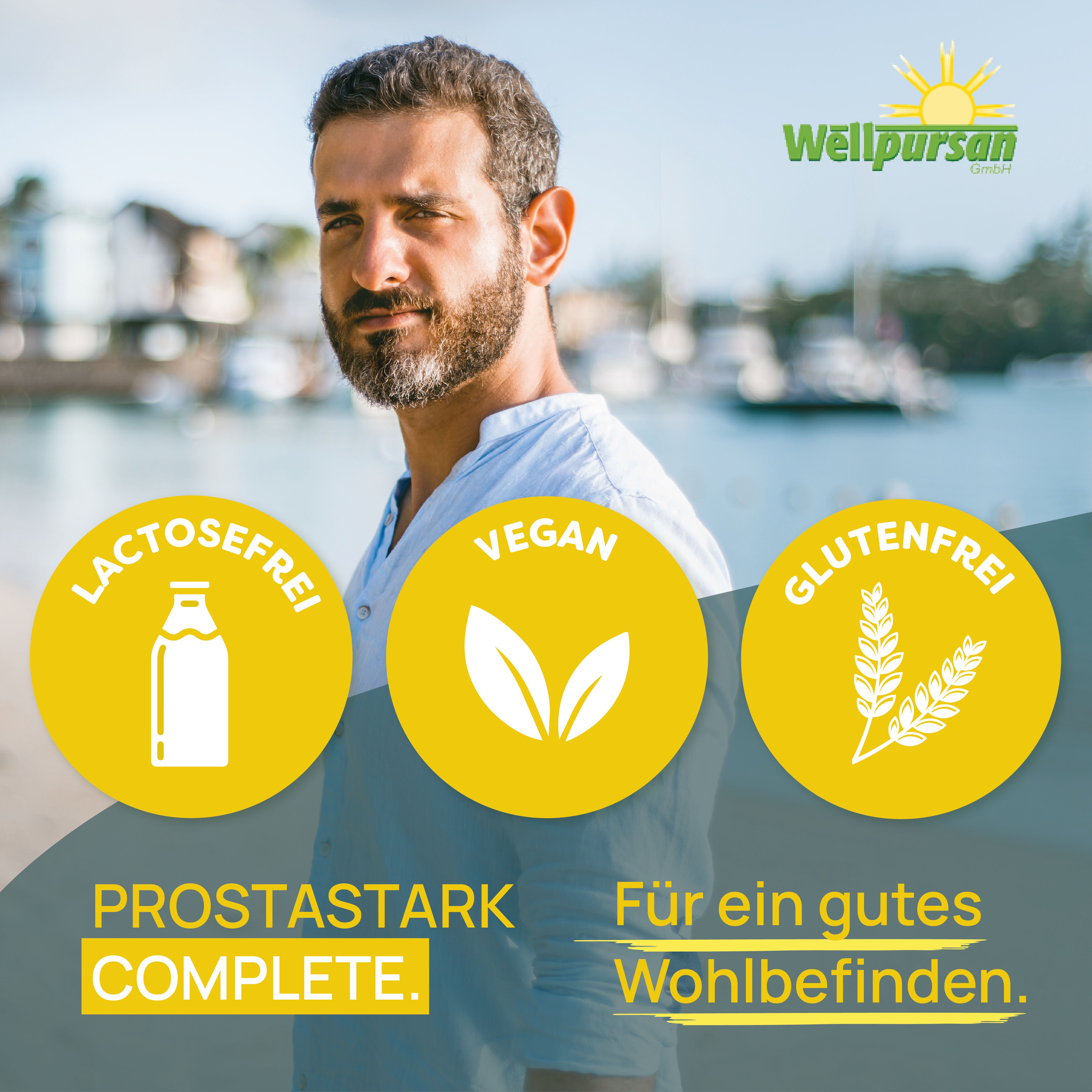 Mann vor Landschaft. Gelbe Kreise mit Symbolen: laktosefrei, vegan, glutenfrei. Text: PROSTASTARK COMPLETE. Für ein gutes Wohlbefinden.