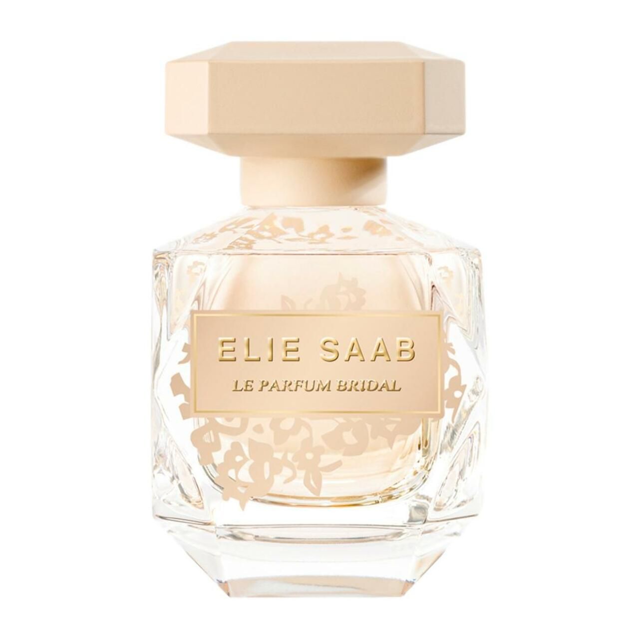 Glasflakon mit beigem Deckel. Aufschrift: ELIE SAAB LE PARFUM BRIDAL. Floral verzierter Flakon.