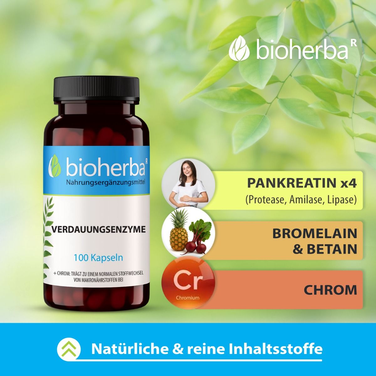 Braune Flasche mit schwarzen Deckel. "bioherba" Logo und "Verdauungsenzyme" Schriftzug. Inhaltsstoffe: Pankreatin, Bromelain, Betain, Chrom.
