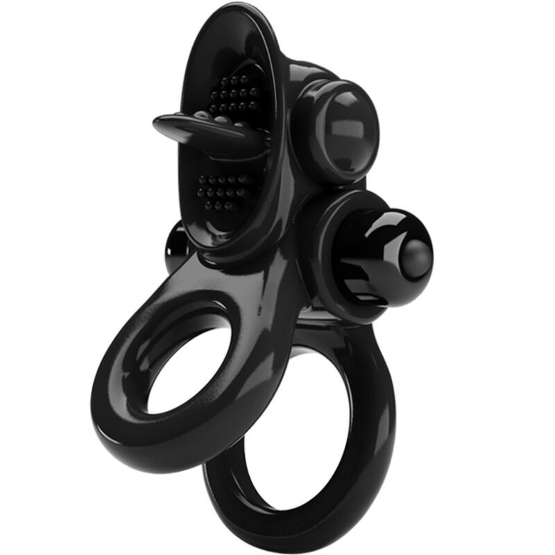 Schwarzer Penisring mit Vibrationsfunktion. Silikonring mit zwei Ringen und einem Vibrationsaufsatz.