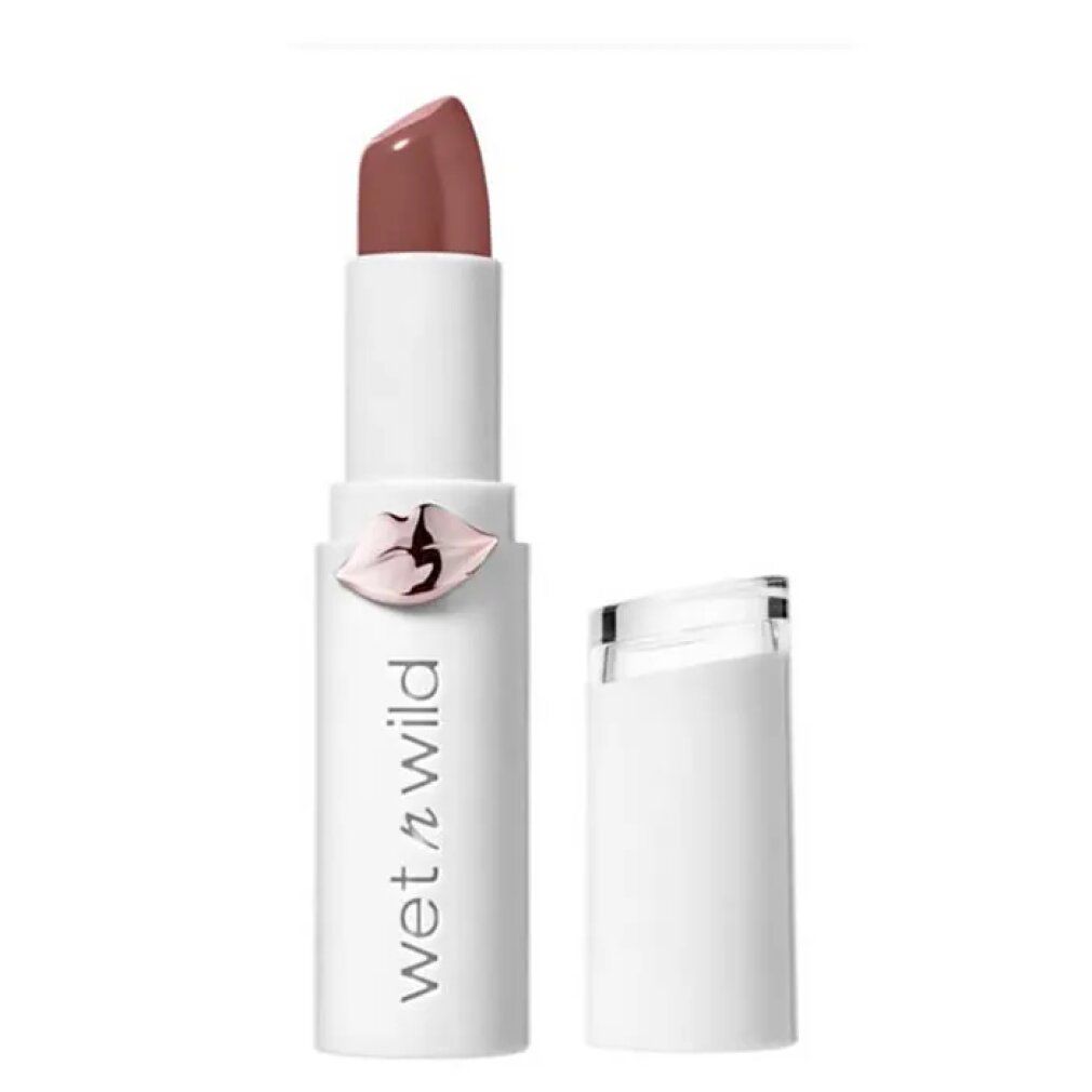 Lippenstift in Mauve. Weißer Stift mit Lippen-Logo und transparentem Deckel. Marke: Wet n Wild.