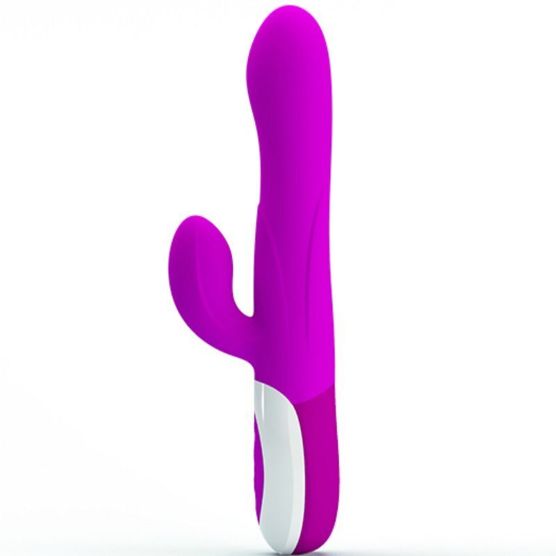 Lila Vibrator mit zwei Ohren und weißem Akzent am Griff, Seitenansicht.