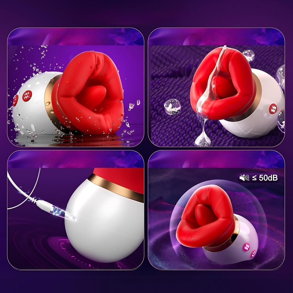 Vier Bilder: Vibrator in Lippenform. Wasser, Kabel, Geräuschpegel-Symbol. Weiß, rot, goldfarben.