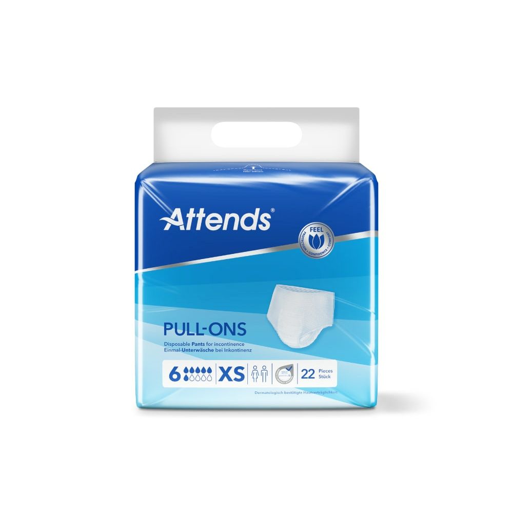 Attends Pull-Ons 6 in Verpackung. XS-Größe, 22 Stück. Blaue Verpackung mit Produktabbildung und Logo.
