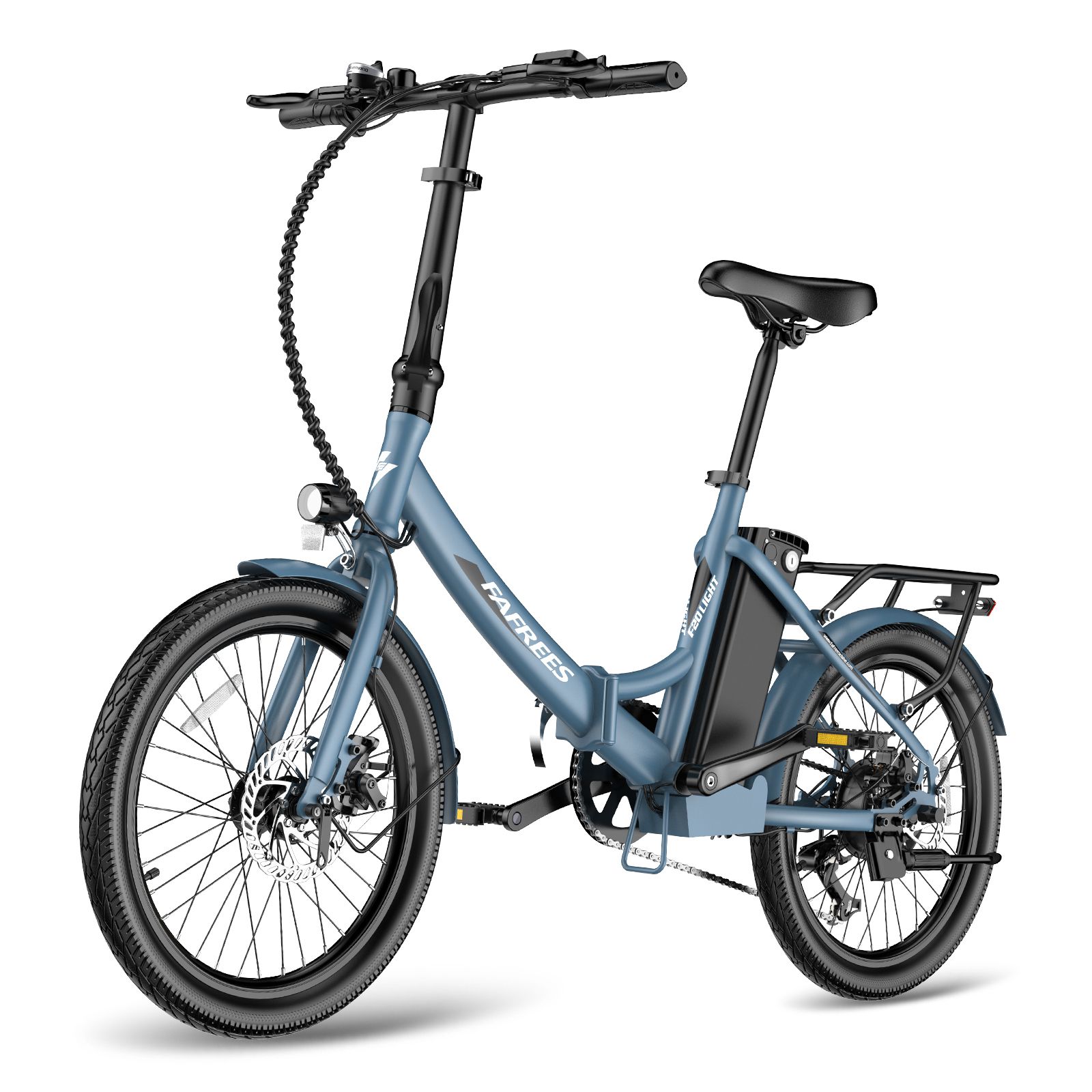 Blaues Fafrees F20Light E-Bike, diagonale Ansicht. Schwarze Reifen, Gepäckträger, Akku und Sattel. Fafrees-Logo.