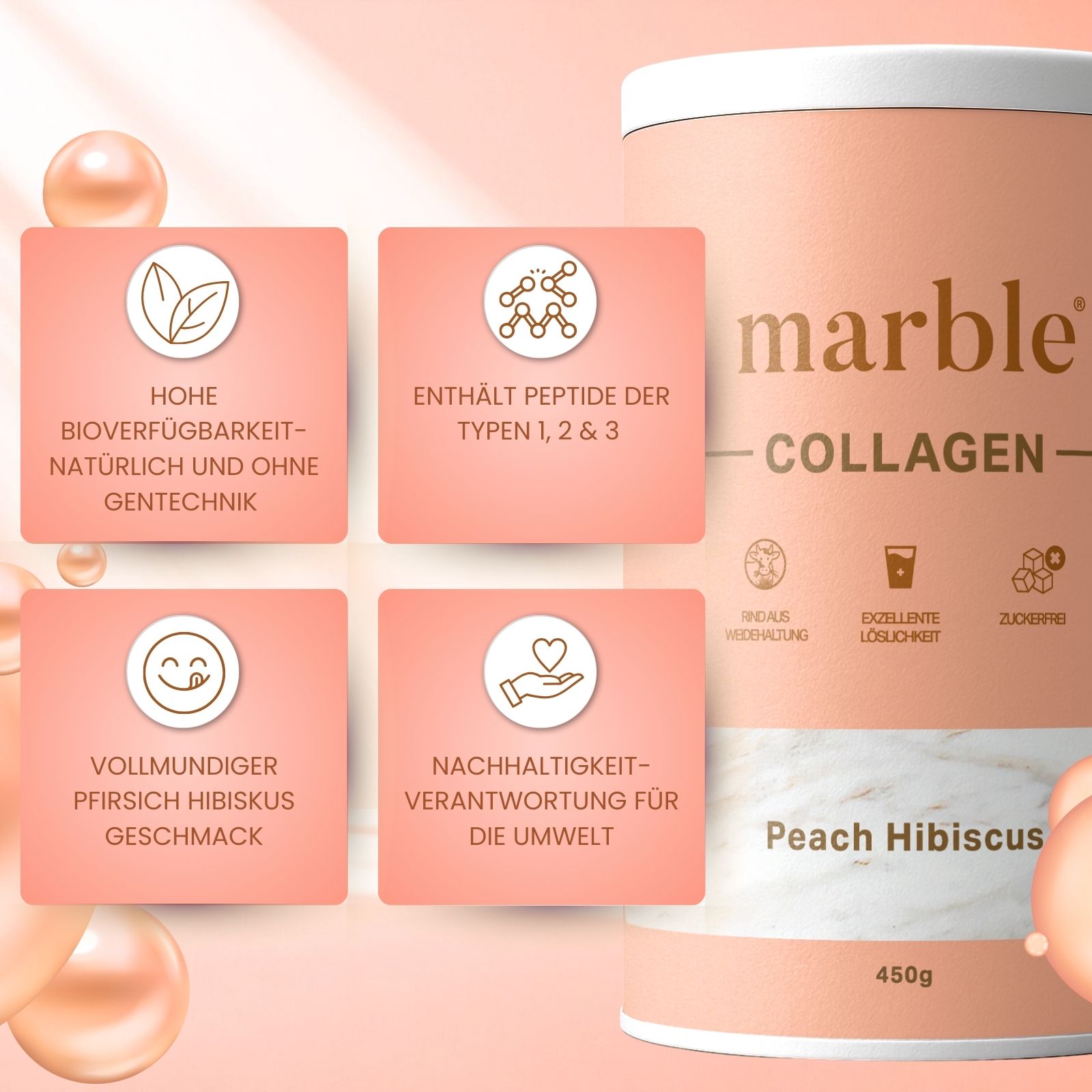 Dose marble® Collagen Pulver Peach Hibiscus. Hohe Bioverfügbarkeit, natürlich und ohne Gentechnik. Enthält Peptide.