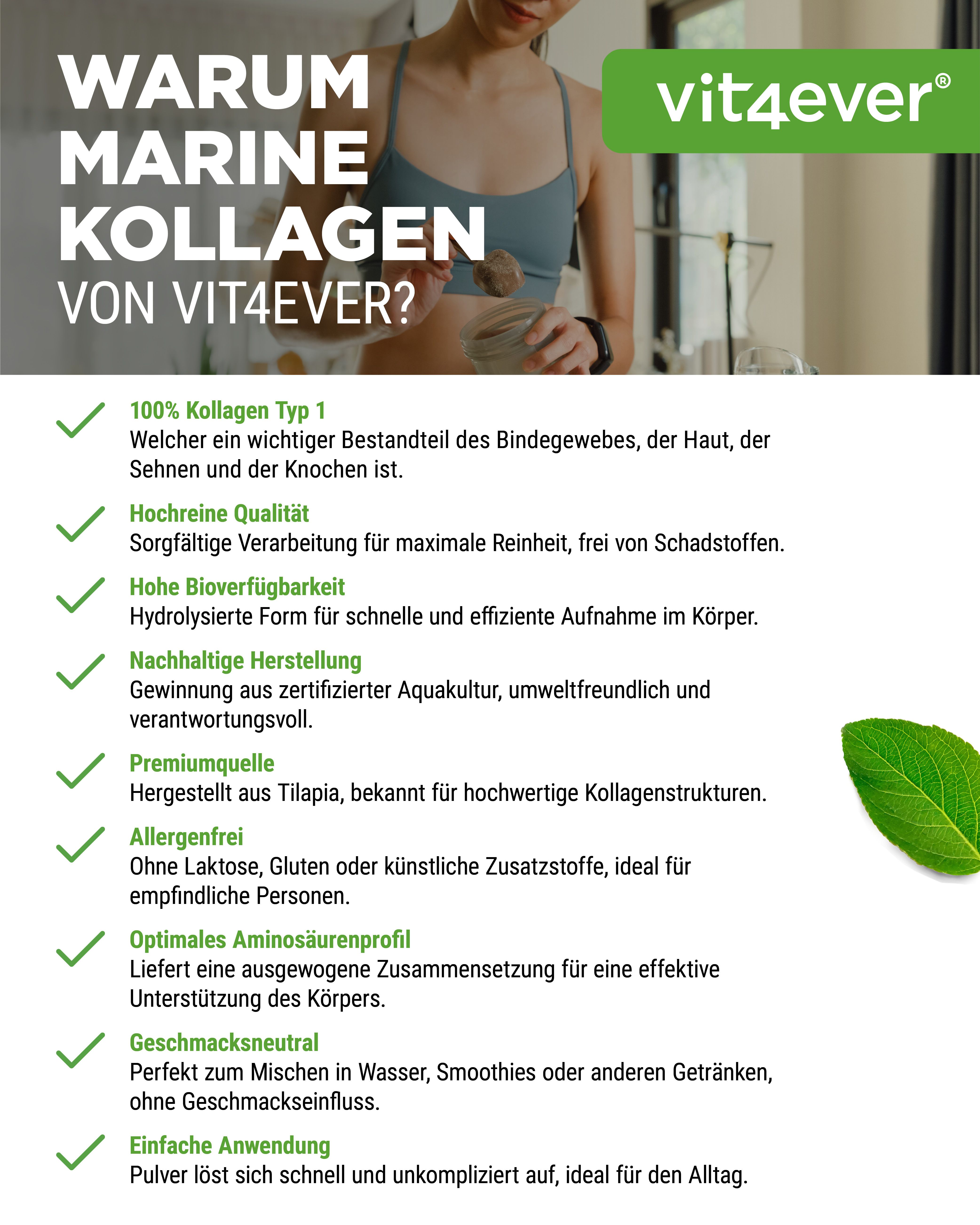 Text: Warum Marine Kollagen von vit4ever? 100% Kollagen Typ 1. Hohe Bioverfügbarkeit. Premiumquelle. Allergenfrei. Geschmacksneutral.