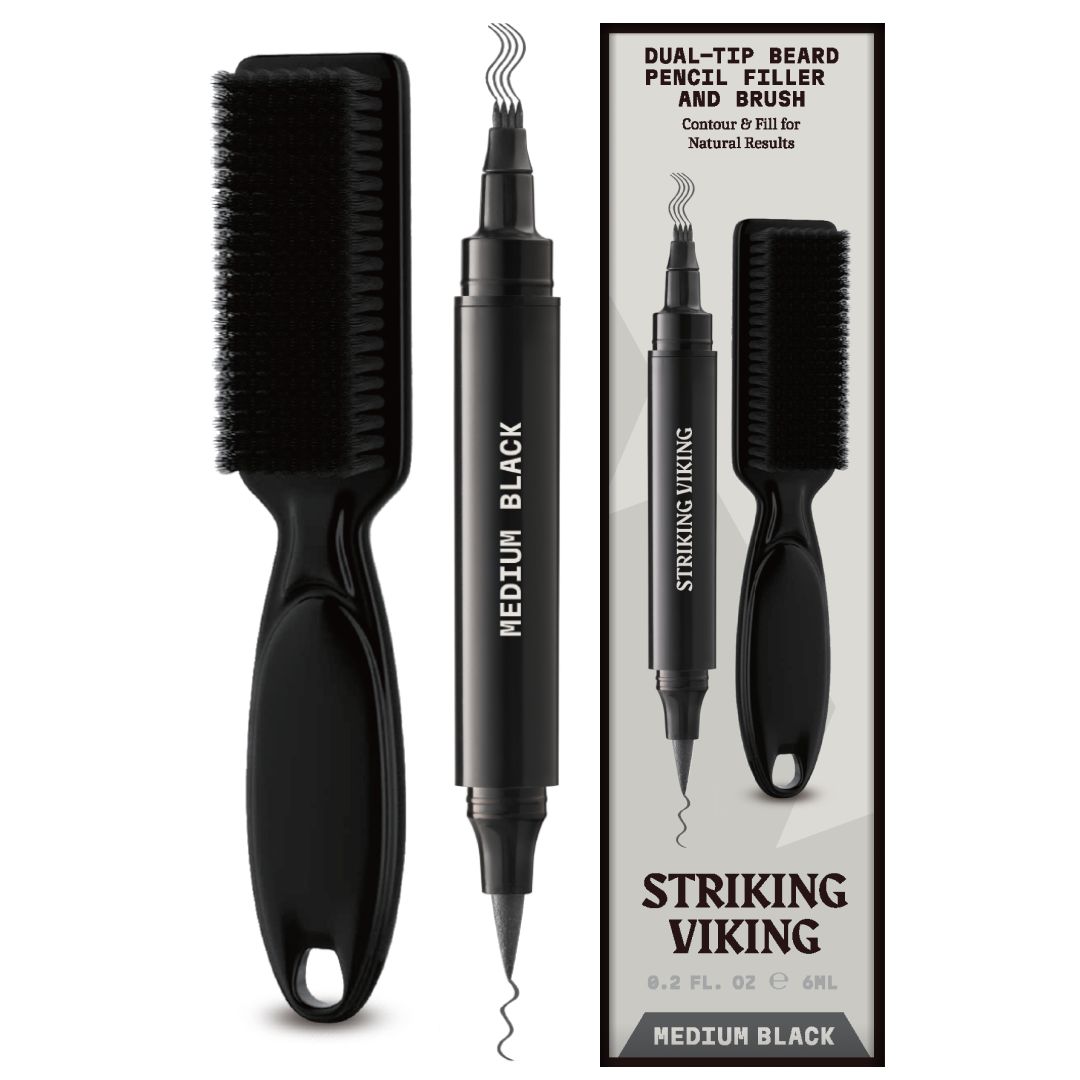 Schwarzer Doppelspitzenstift und Bürste. Stift mit „MEDIUM BLACK“ Beschriftung. Verpackung mit „STRIKING VIKING“ und „MEDIUM BLACK“.