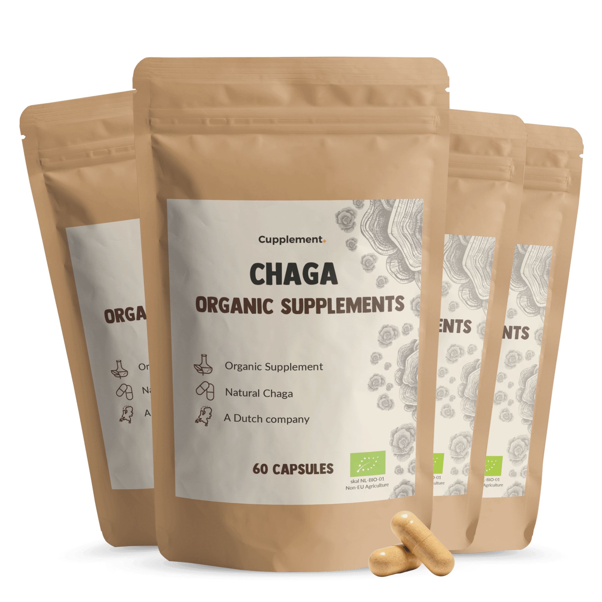 Mehrfachpackung Chaga Kapseln. Vier Beutel mit Produktinformationen und Kapseln. Braune Verpackung, Produktname deutlich sichtbar.