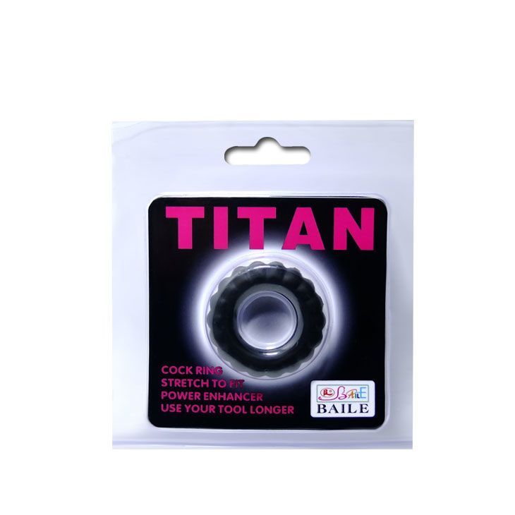 Verpackung mit Cockring. Text: TITAN, COCK RING, STRETCH TO FIT, POWER ENHANCER, USE YOUR TOOL LONGER. Marke: BAILE.