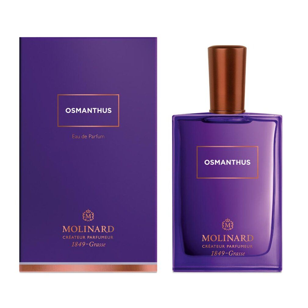 Violette Flasche und Schachtel. Aufschrift "OSMANTHUS Eau de Parfum" und "MOLINARD".