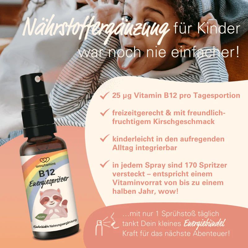 Sprühflasche neben Text über einfache Anwendung und Vitamin B12 für Kinder.