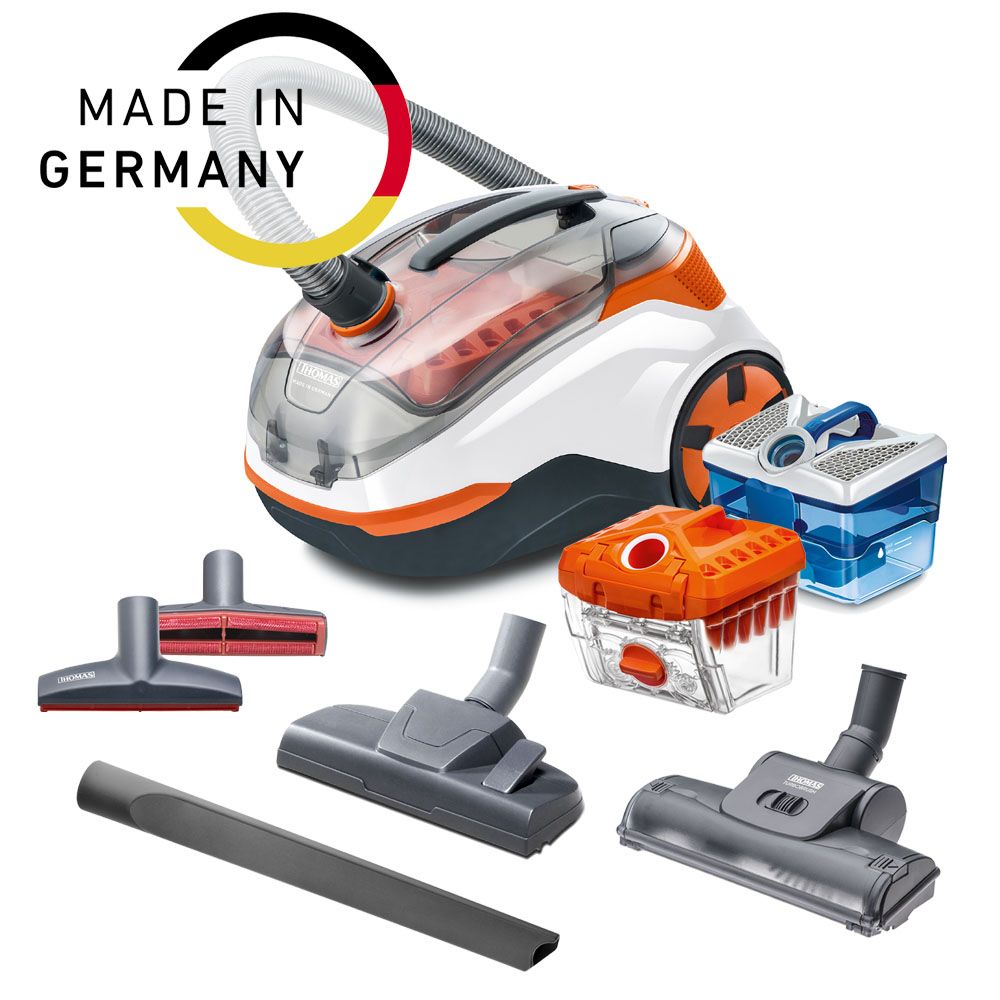 Staubsauger mit Zubehör. Mehrere Aufsätze und Behälter. 'Made in Germany' Logo.