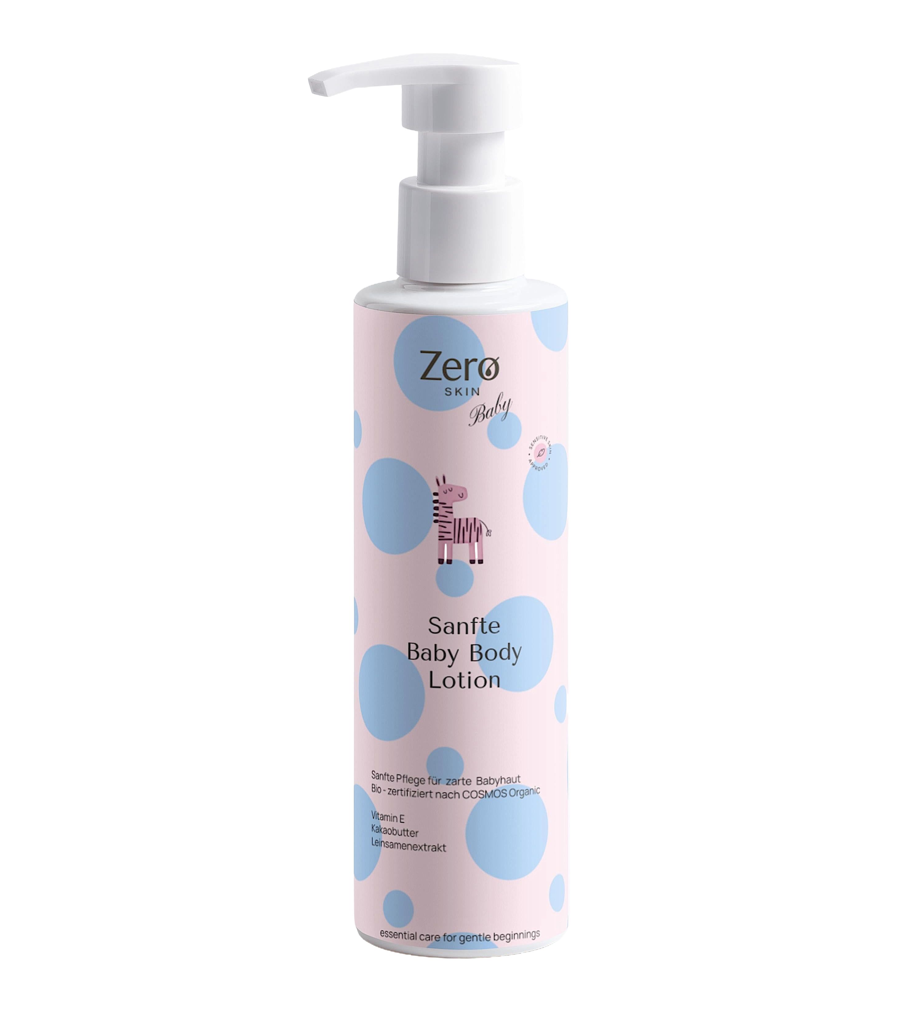 Zero Skin Sanfte Baby Body Lotion in rosa Flasche mit Pumpspender und blauen Kreisen.
