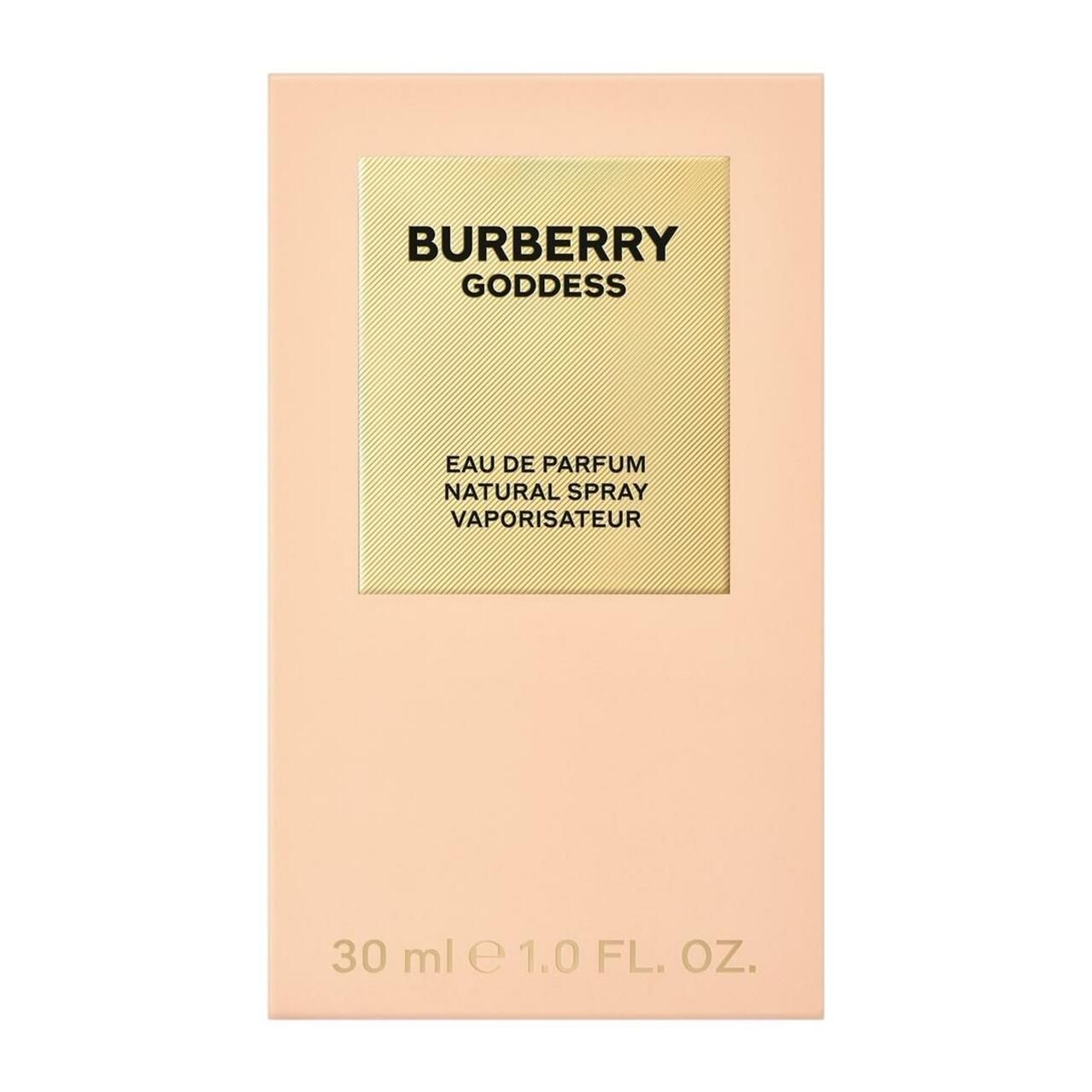Rosa Verpackung mit goldfarbenem Feld. Text: Burberry Goddess, Eau de Parfum, Natural Spray, Vaporisateur.