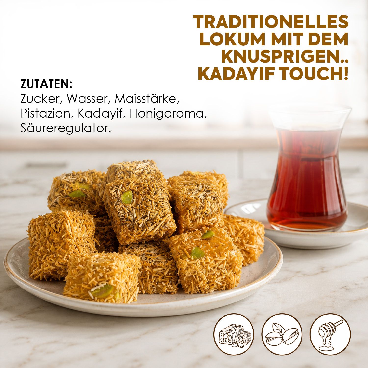 WeNAtur Kadayıf umhüllter Lokum mit Pistazien und Honigaroma