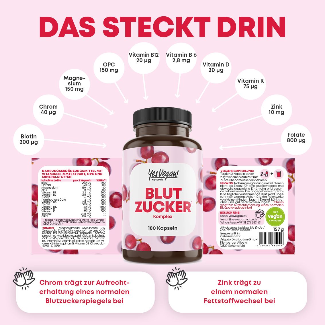 Flasche Blut Zucker Komplex mit Übersicht der Inhaltsstoffe und Nährwerte, veganes Siegel.