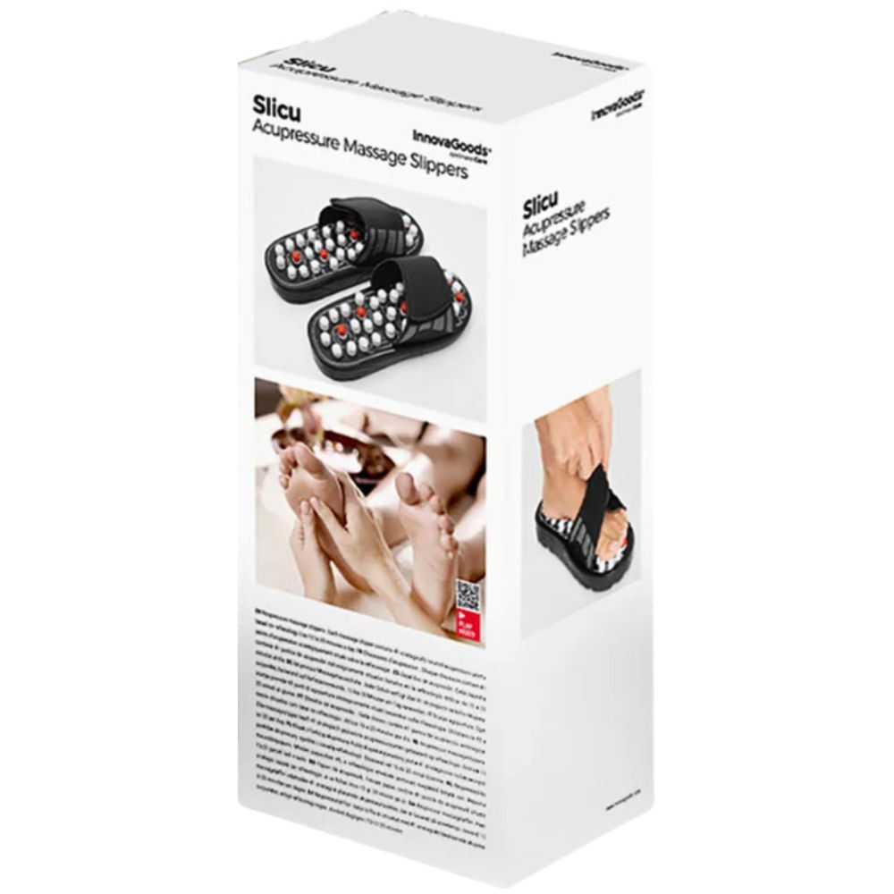 Verpackung der Akupunktur-Schuhe. Aufdruck: Slicu Akupressur-Massage-Slipper. Abbildungen der Schuhe und Anwendung.