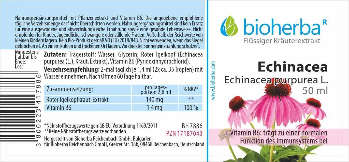 Etikett mit Produktnamen, Logo und Abbildung einer Blüte. Text in deutscher Sprache mit Inhaltsstoffen und Nährwertangaben.