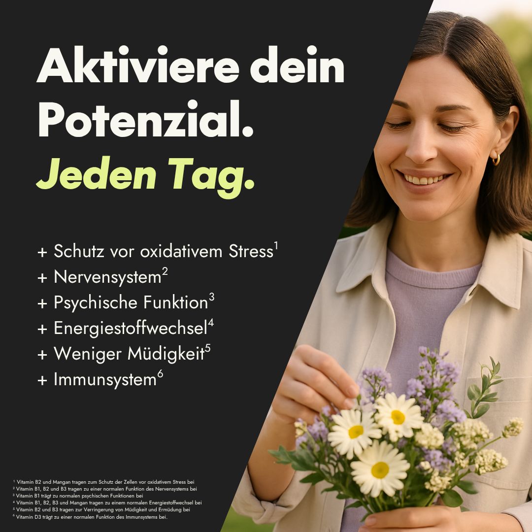 Frau mit Blumenstrauß. Text: Aktiviere dein Potenzial. Jeden Tag. Schutz vor oxidativem Stress, Nervensystem, psychische Funktion, etc.