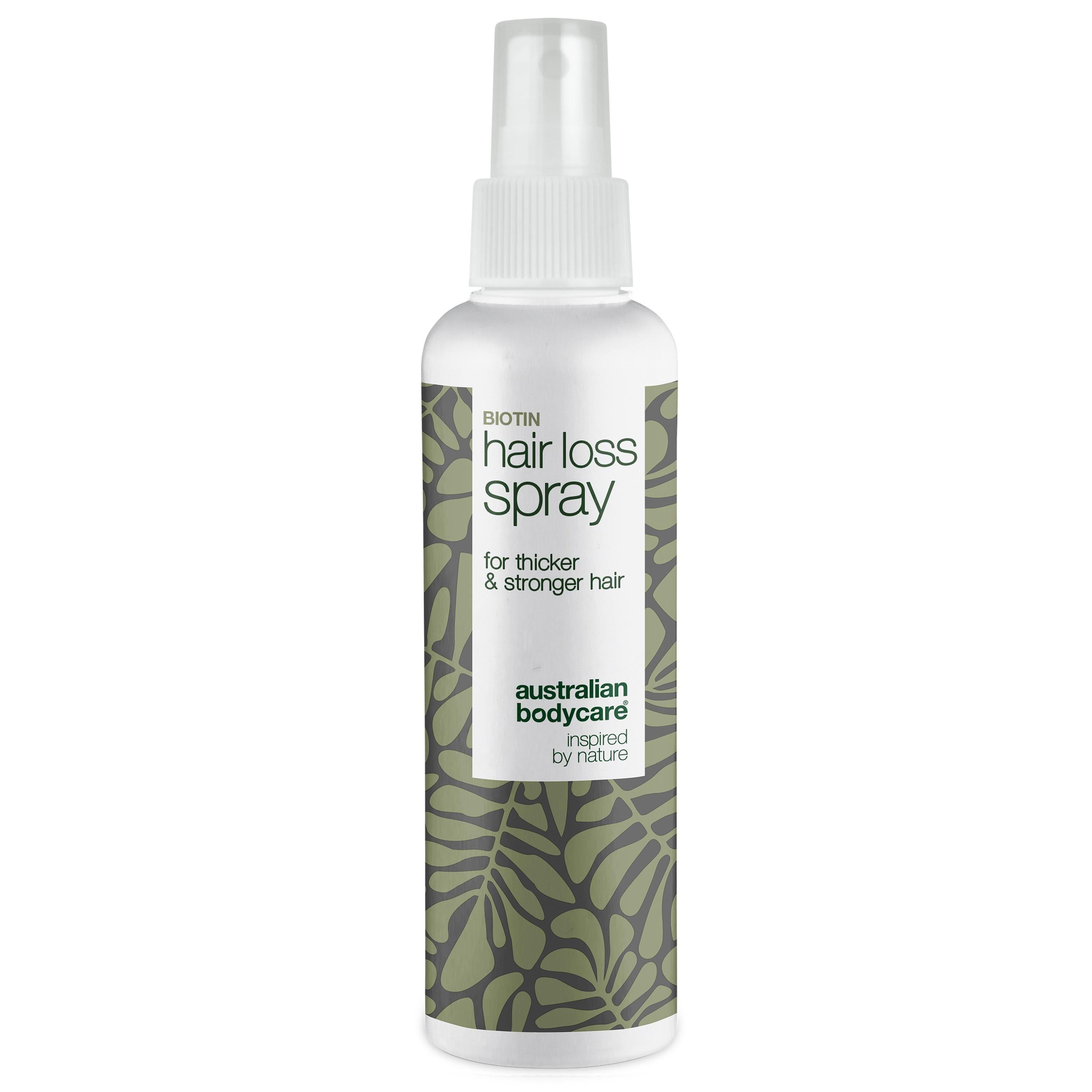 Biotin Hair Loss Spray. Weiße Flasche mit Sprühkopf. Text: für dickeres & stärkeres Haar. Australian Bodycare.
