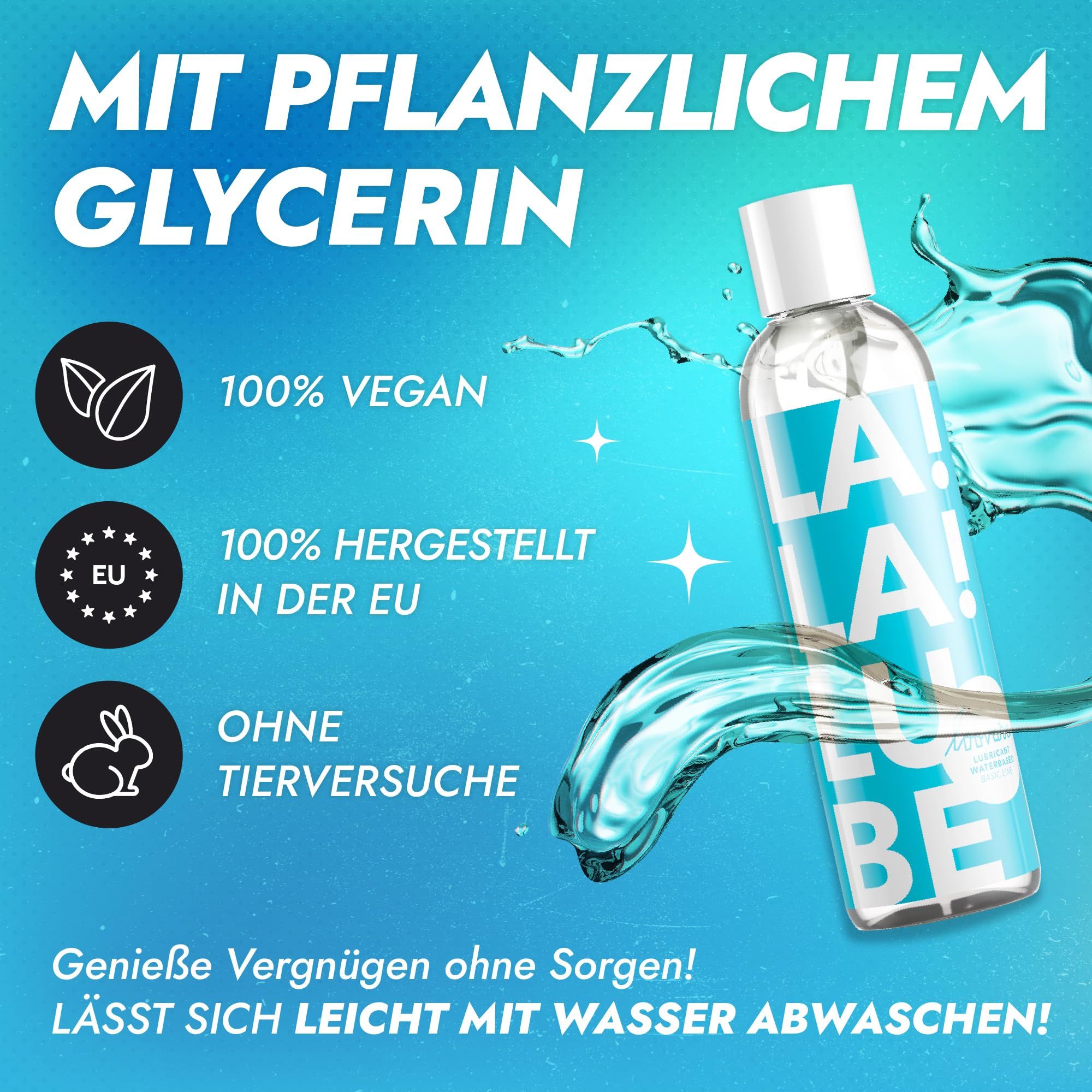 Gleitgel-Flasche mit Aufdruck 'LA LA BE'. Mit pflanzlichem Glycerin, 100% vegan, in der EU hergestellt.