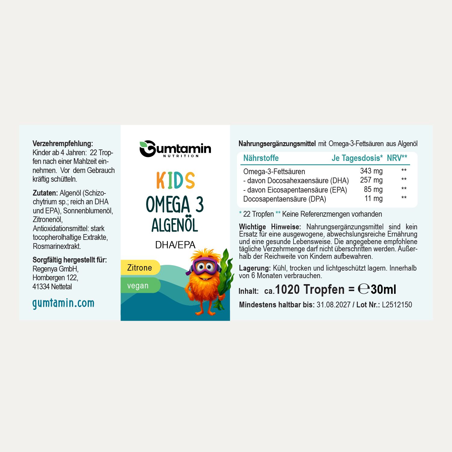Rückseite der Verpackung mit Text: Gumtamin Kids Omega 3 Algenöl. Inhaltsstoffe, Nährwertangaben, Verzehrempfehlung, Lagerungshinweise.