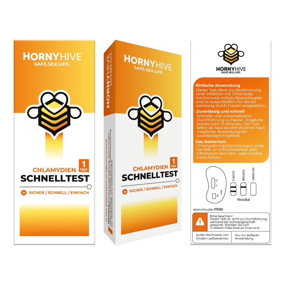Drei Ansichten der Chlamydien Schnelltest-Verpackung: Vorder-, Seiten- und Rückansicht.