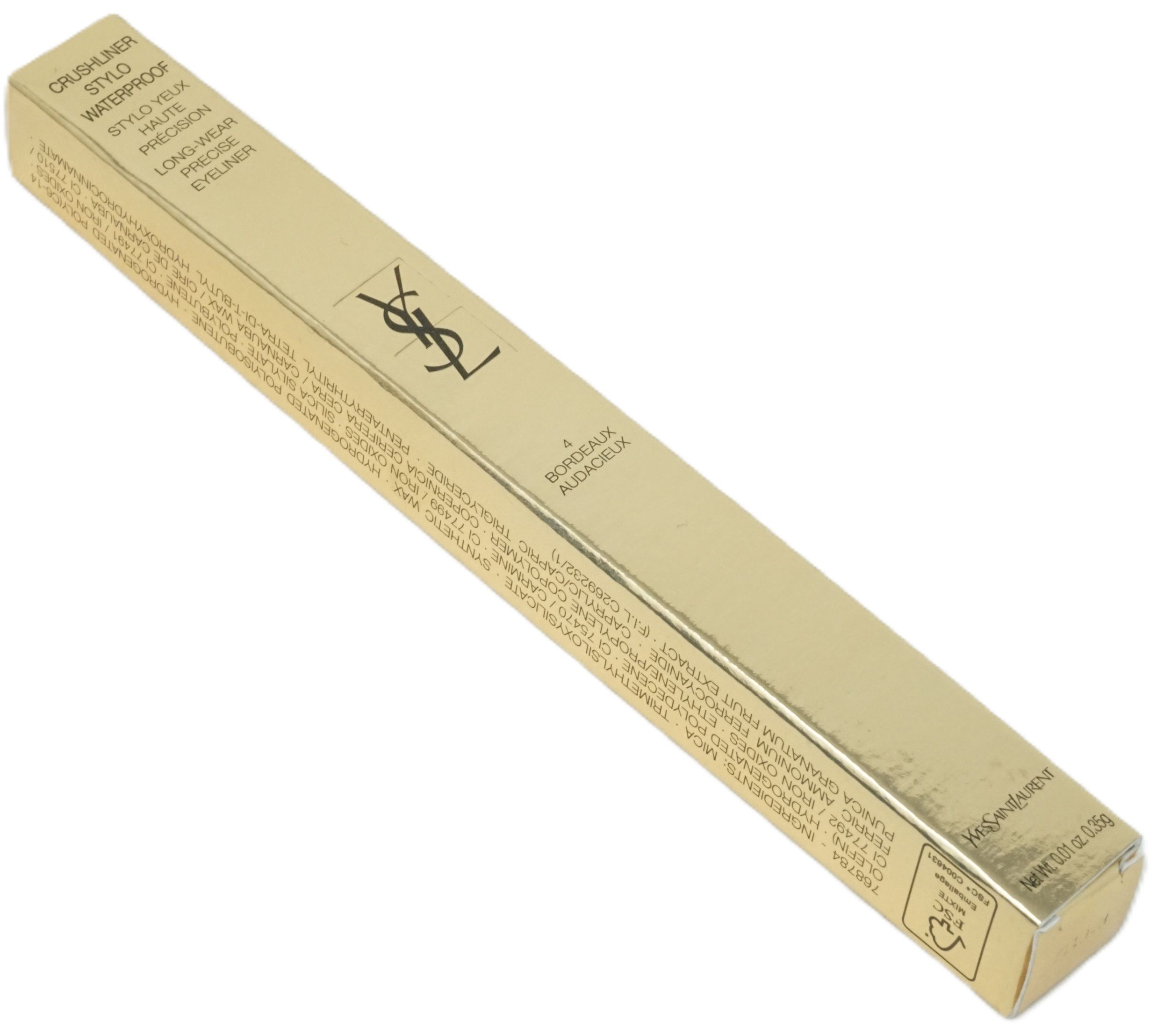 Goldfarbene Verpackung mit Produktinformationen. Auf der Verpackung steht "Yves Saint Laurent" und "CRUSHLINER STYLO EYEUX PRECISION LONG WEAR PRECISE EYELINER".