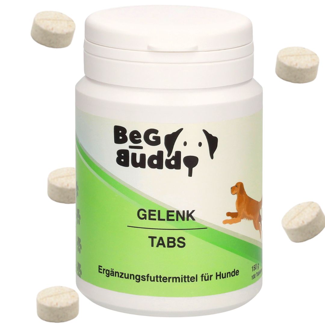 Weiße Tabletten um ein weißes Behältnis. Aufschrift: BeG Buddy, Gelenk Tabs, Ergänzungsfuttermittel für Hunde. Hund-Logo.