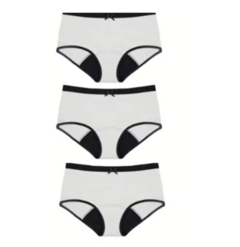 Drei weiße Hipster-Periodenunterwäsche mit schwarzem Saum und Schleife. Ansicht von vorne.