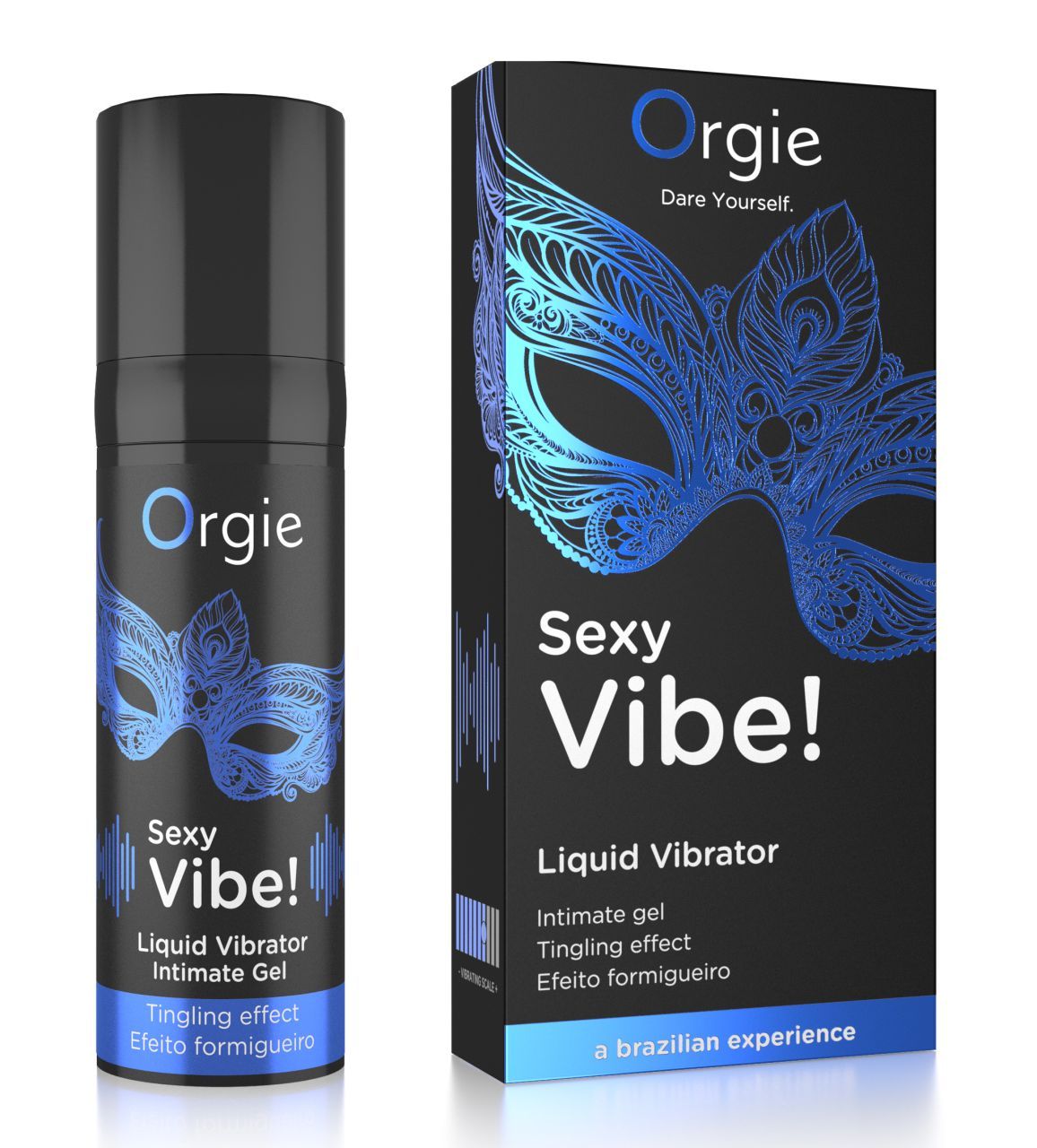Flasche und Verpackung. Flasche: Schwarz mit blauem Maskenmotiv. Verpackung: Schwarz mit blauem Maskenmotiv. Text: Sexy Vibe!, Liquid Vibrator.