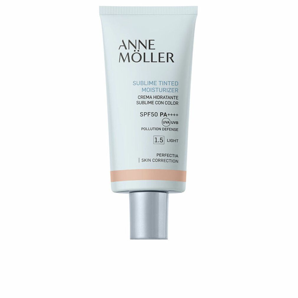 Tube mit Produkttext. Marke Anne Möller. Sublime Tinted Moisturizer SPF50. Farbton 1.5 Light. Creme mit Farbton und Sonnenschutz.