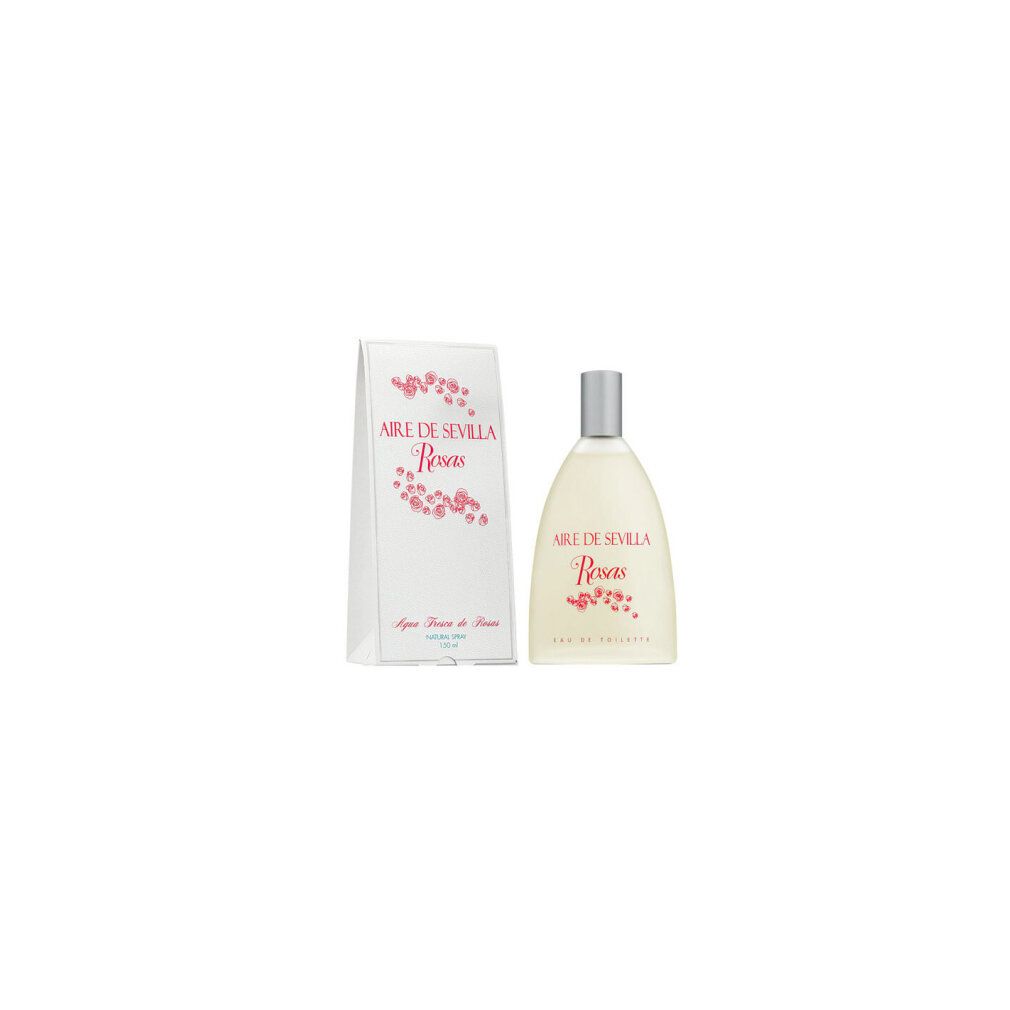 Flakon und Schachtel mit Aufschrift Aire de Sevilla Rosas. Rosa Blütenmuster. Eau de Toilette. Silberner Sprühkopf.