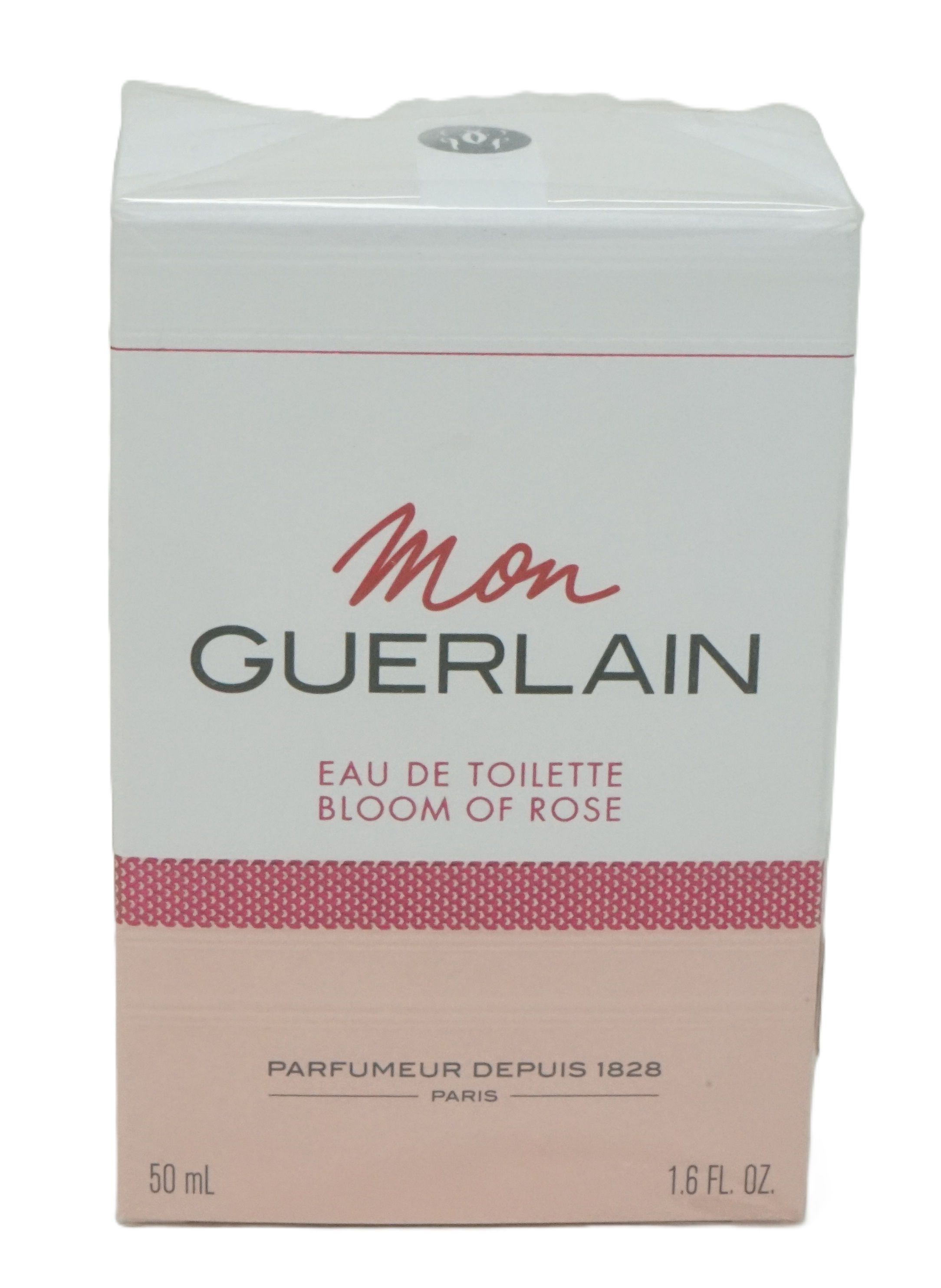 Verpackung von Mon Guerlain Eau de Toilette Bloom of Rose. Weiß-rosa Karton mit Produktnamen und Logo. 50 ml, 1.6 FL. OZ.